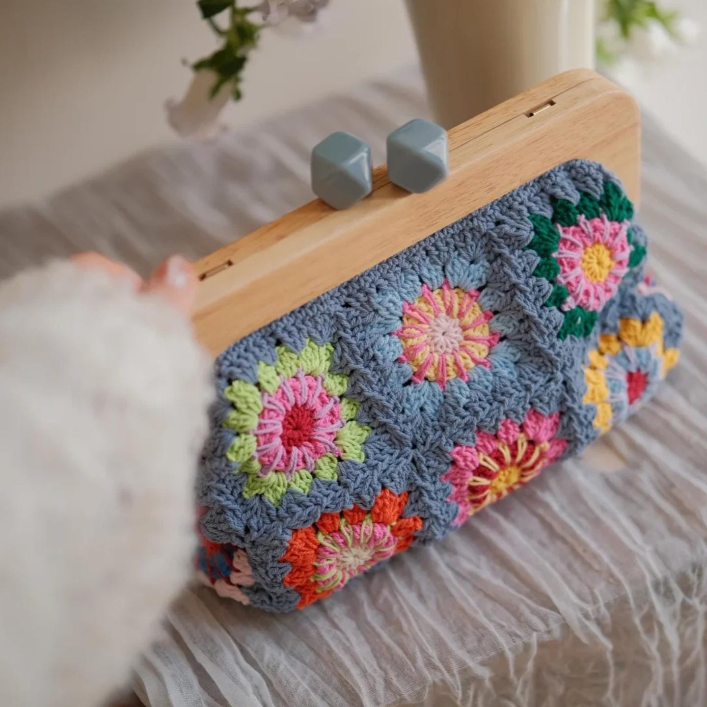 Handmade Cotton Crochet Bag, Granny Square Floral Tote, Woven Knit Shoulder Bag, Unique Designer Purse, Eco Friendly Handcrafted Bag