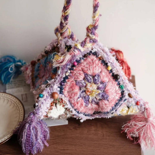 One-of-a-Kind Bag, Unique Crochet Shoulder Bag, Hand-Spun Yarn Granny Square Pyramid Purse, Eclectic Hippie Satchel, Statement Accessory