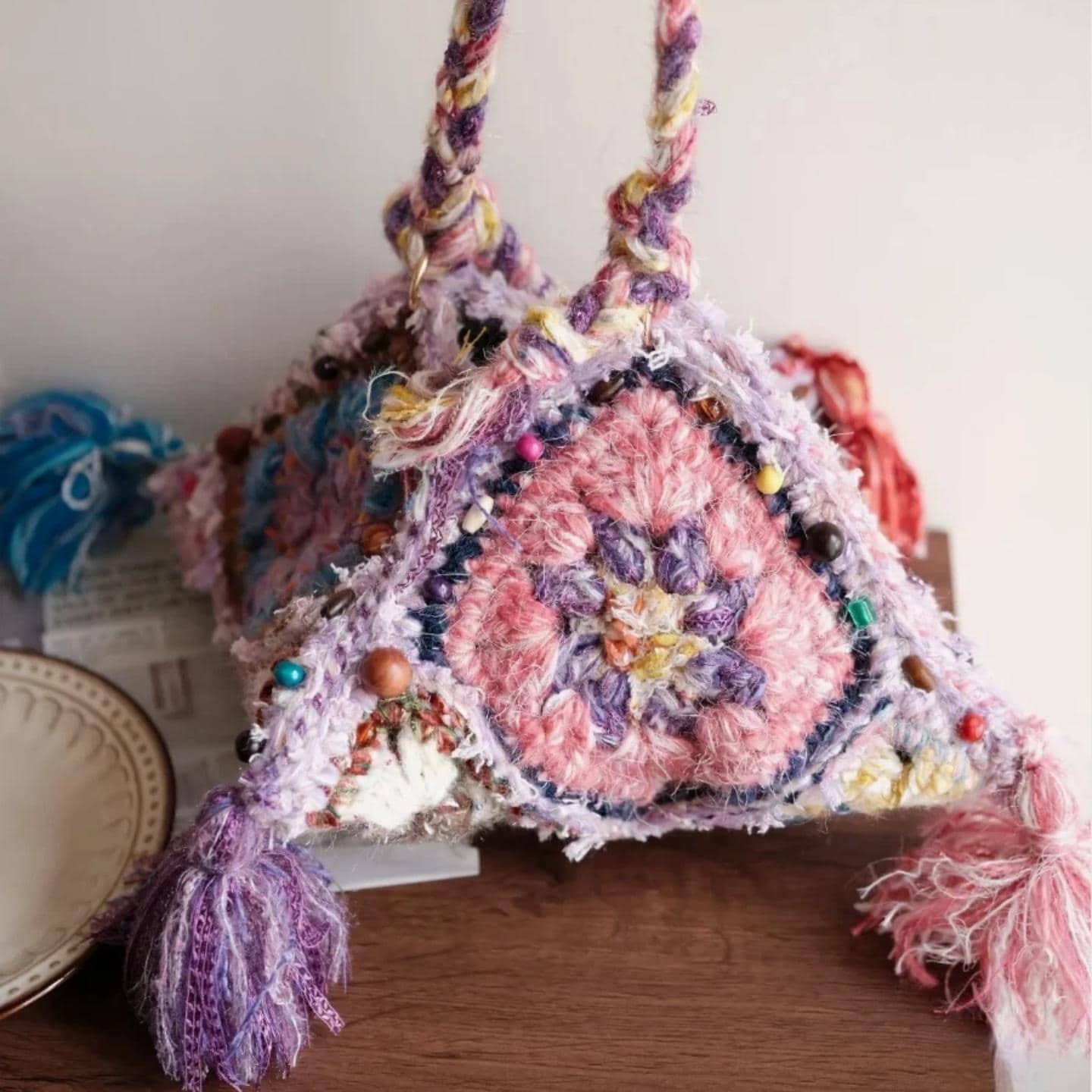 Handmade Boho Dumpling Bag, Colorful Textured Crochet Purse, Chunky Granny Square Tote with Tassels, Artisan Gift for Her