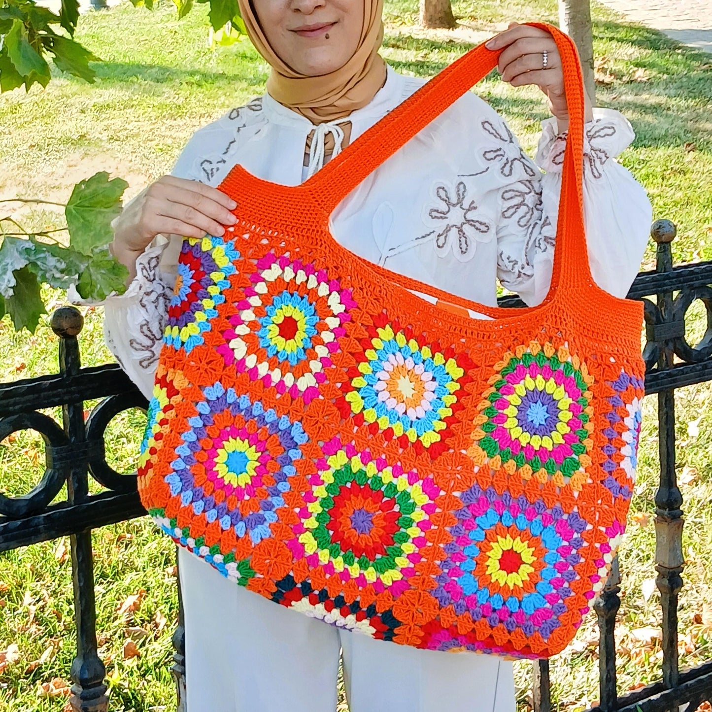 Granny Square Tote Bag, Shoulder Bag Purses for Women, Orange Purse and Handbag Crochet