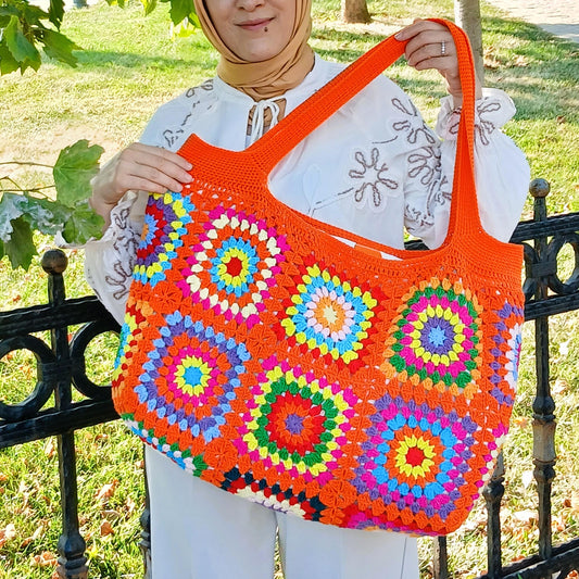 Granny Square Tote Bag, Shoulder Bag Purses for Women, Orange Purse and Handbag Crochet