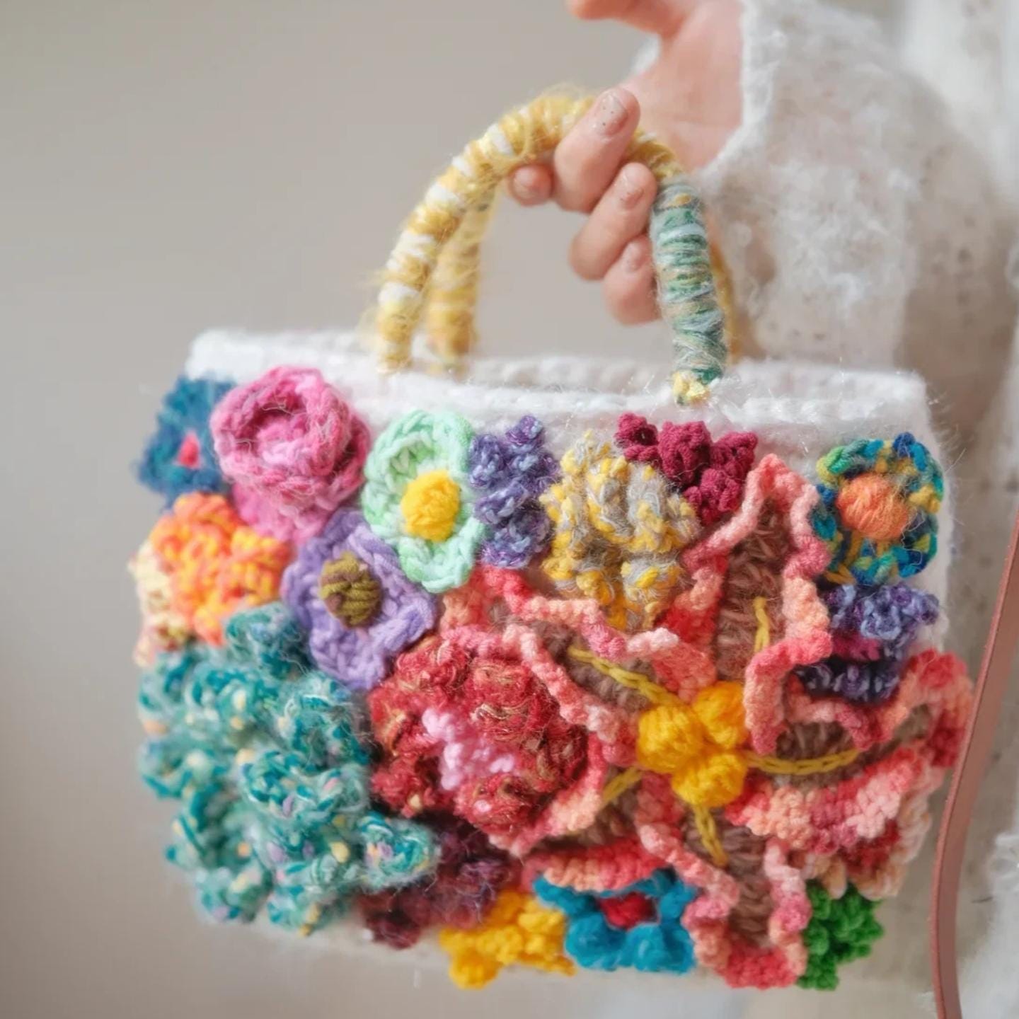 Handmade 3D Flower Crochet Bag, Boho Tote, Colorful Textured Knit Purse, Unique Artisan Handbag, Mother's Day Gift for Mom