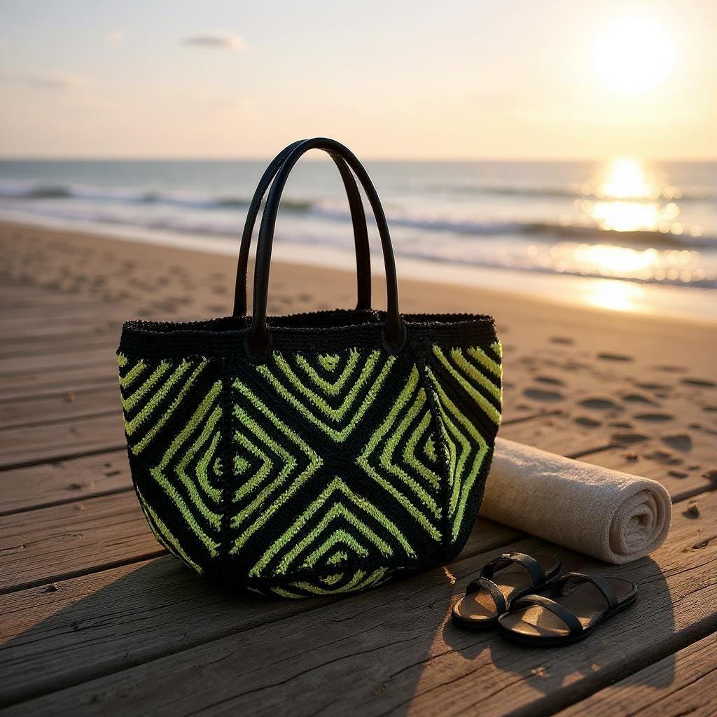 Handmade Black  and Yellow Geometric Crochet Bag â€?Beach &amp; Everyday Tote