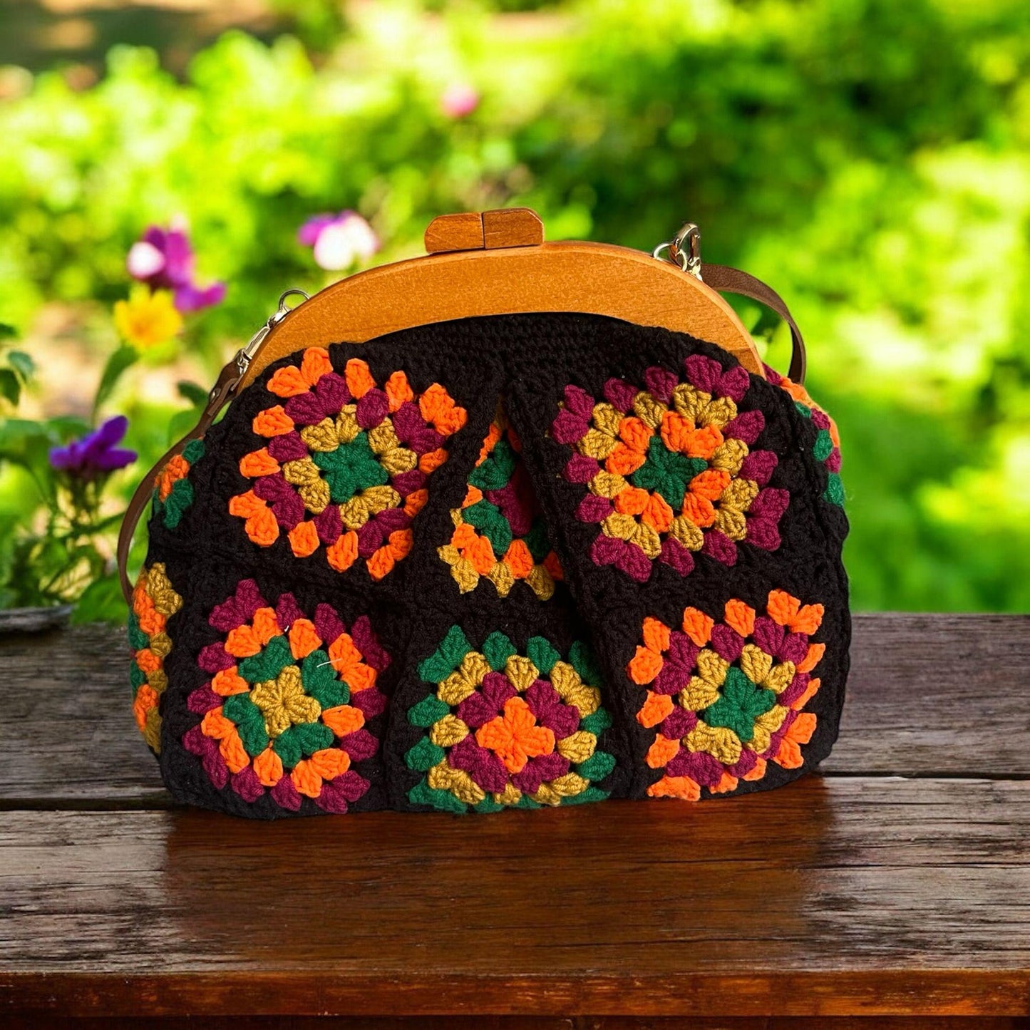 Handmade Crochet Granny Square Bag: Colorful Bohemian Purse with Wooden Clasp
