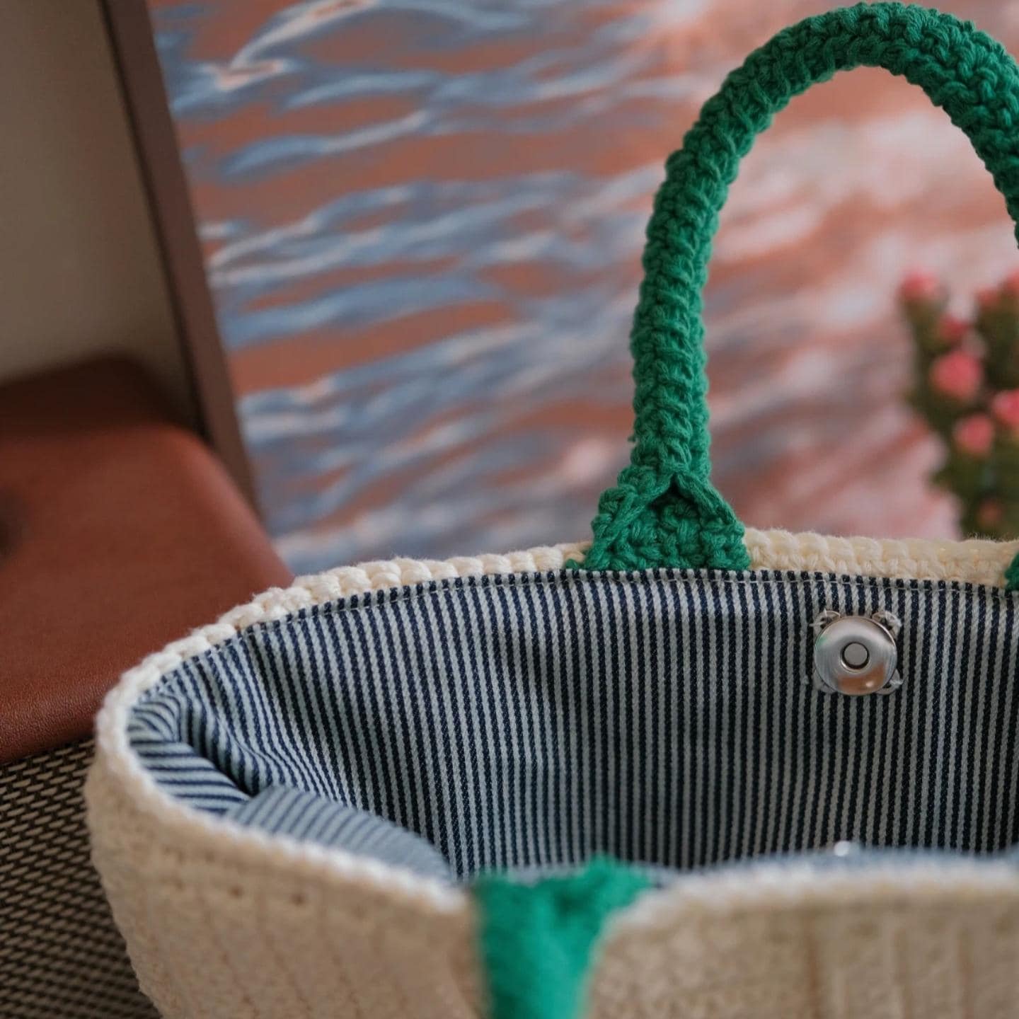 Classic Handmade Crochet Tote - Heavy-Duty Woven Basket Purse, Large Capacity Knit Shoulder Bag with Secure Snap Button, Gift for mon