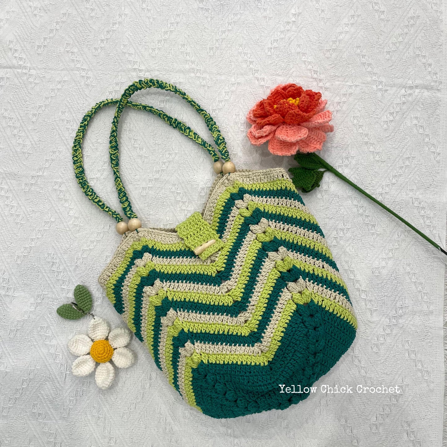 Handmade Crochet Tote Bag, Green Chevron Beach Shoulder Bag, Supermarket Tote Bag, Travel Bag, Mother's Day Gift, Easter Gift