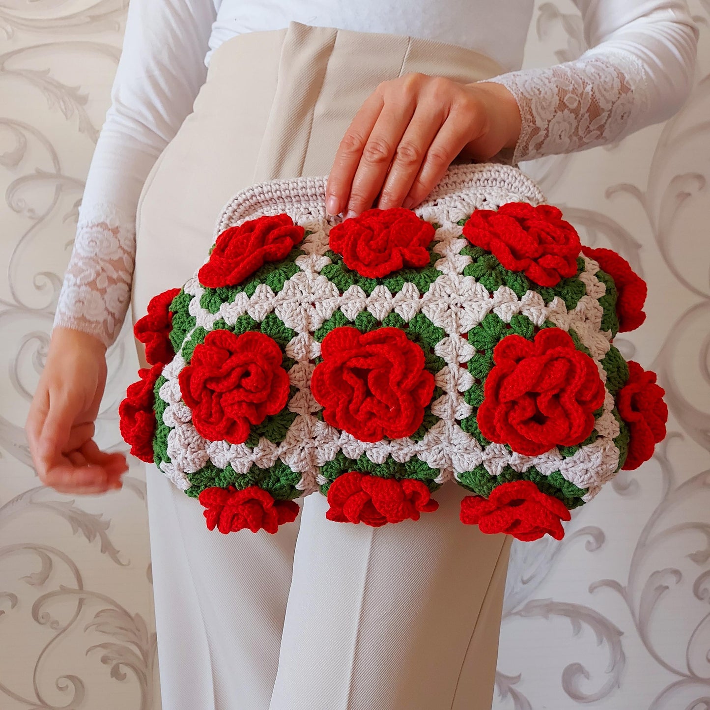 Handmade Crochet Granny Square Bag: 3D Rose Kisslock Clutch, Valentine Tote Bag