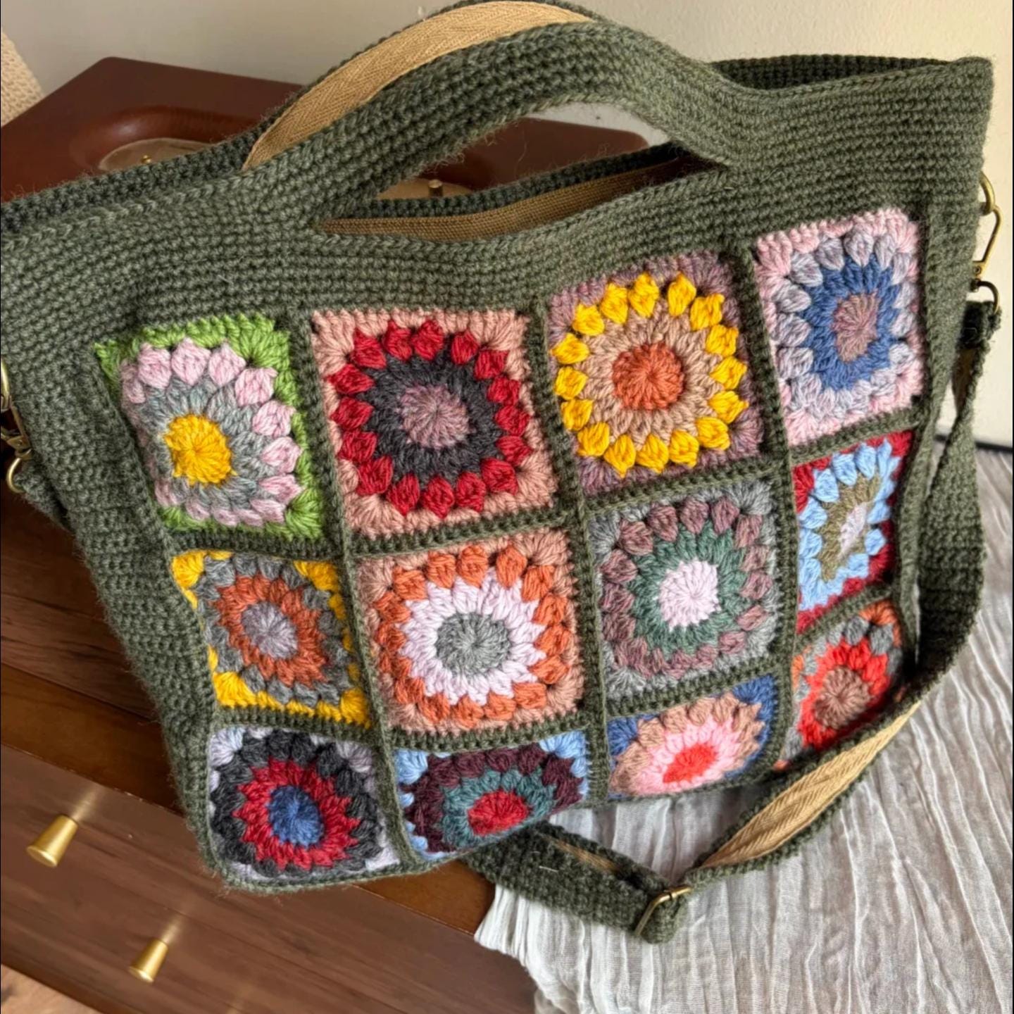 Boho Chic Crochet Bag, Handmade Wool Blend Tote, 3D Flower Granny Square Shoulder Bag, Durable YKK Zipper, Artisan Knit Purse, Gift for her