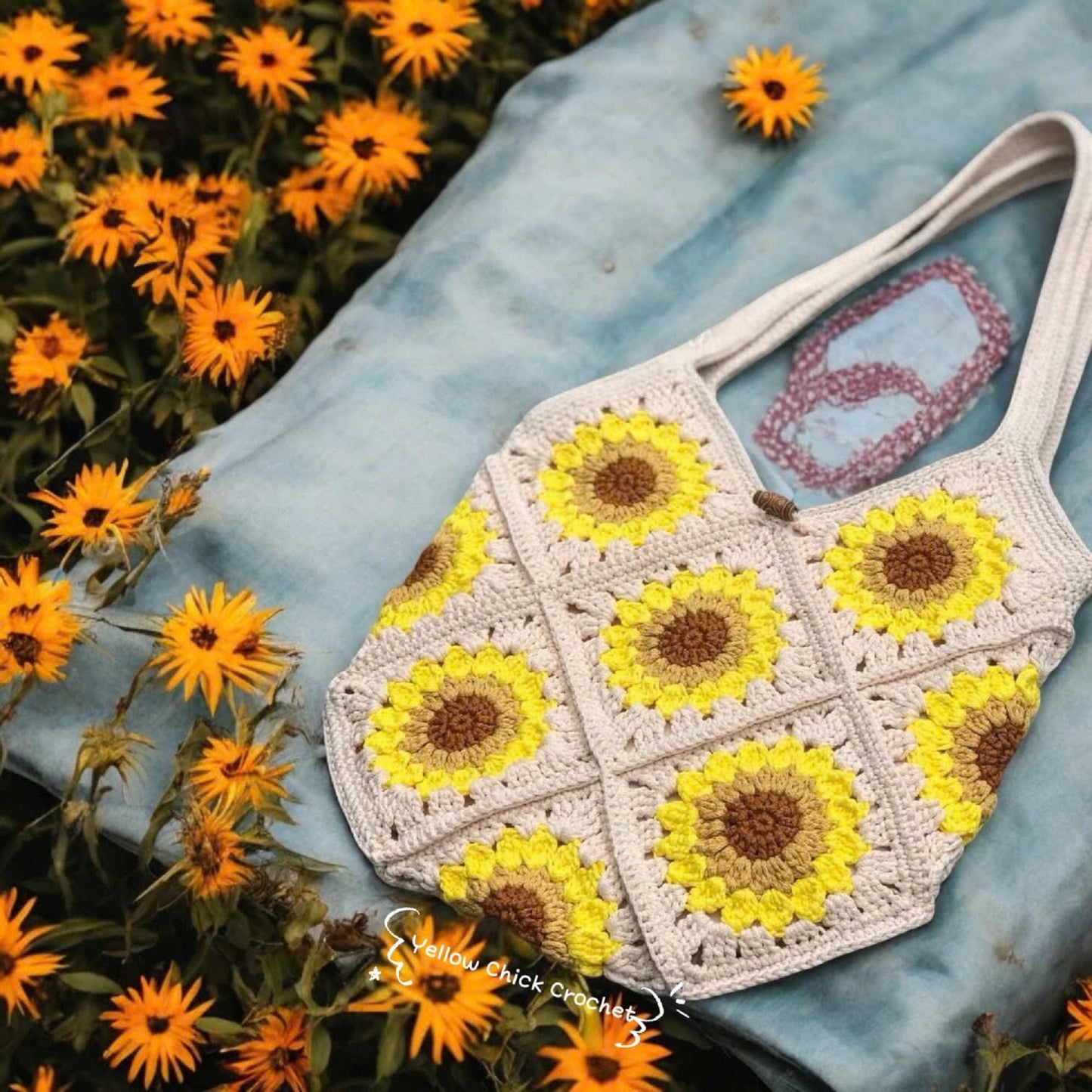Crochet Sunflower Granny Square Bag, Handmade Yellow Flower Tote, Custom color, New Year Bag, Christmas Bag, Xmas Gift