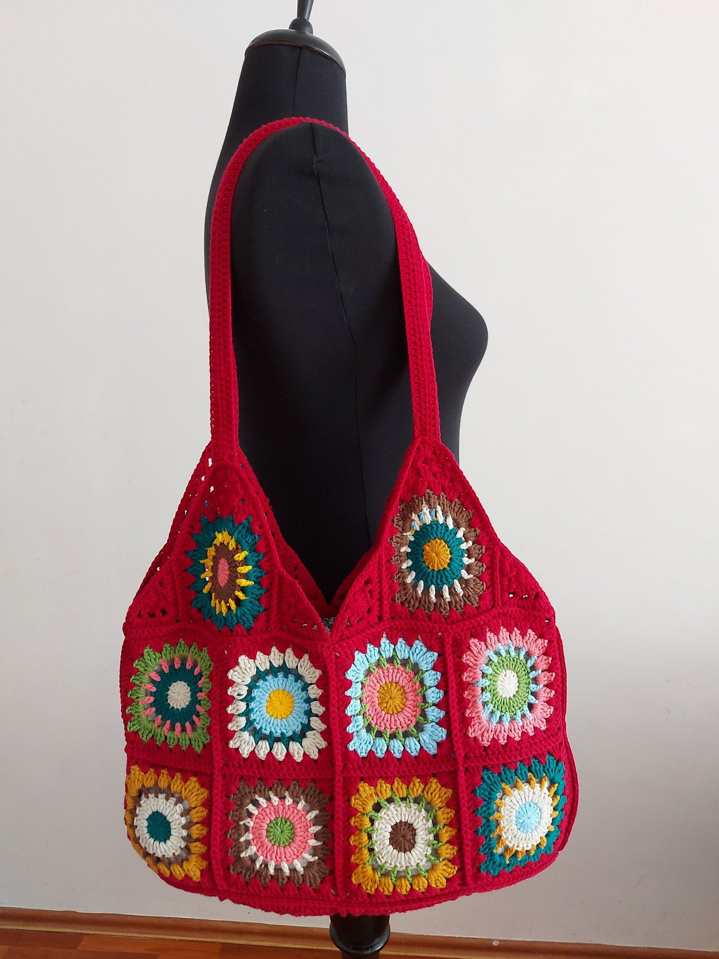 Red Granny Square Shoulder Bag: Crochet Tote Bag
