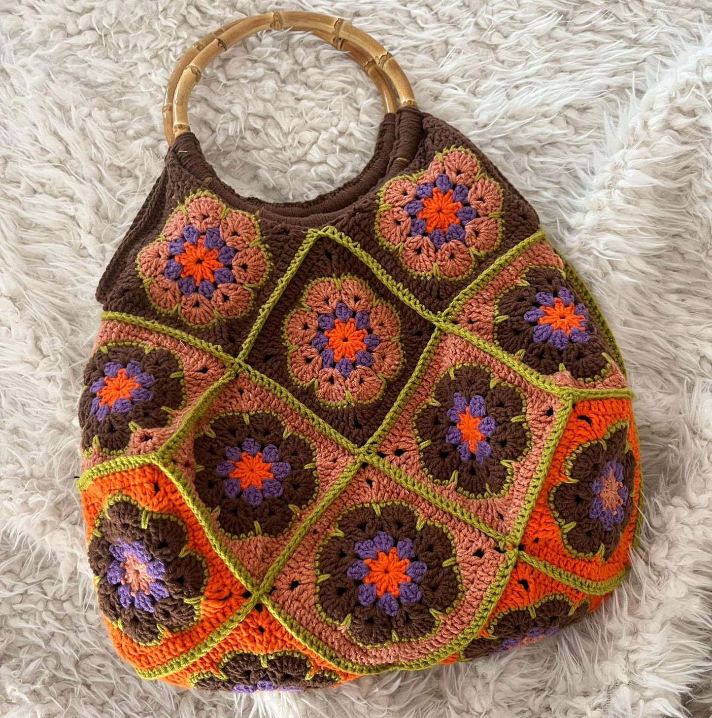 Vintage style granny squares crochet bag wooden frame unique special day present