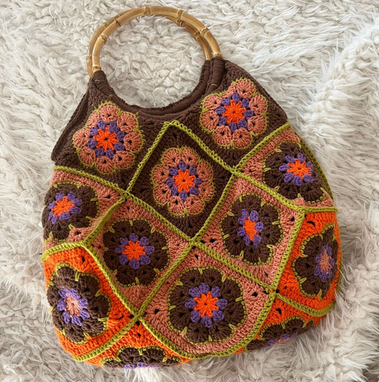 Vintage style granny squares crochet bag wooden frame unique special day present