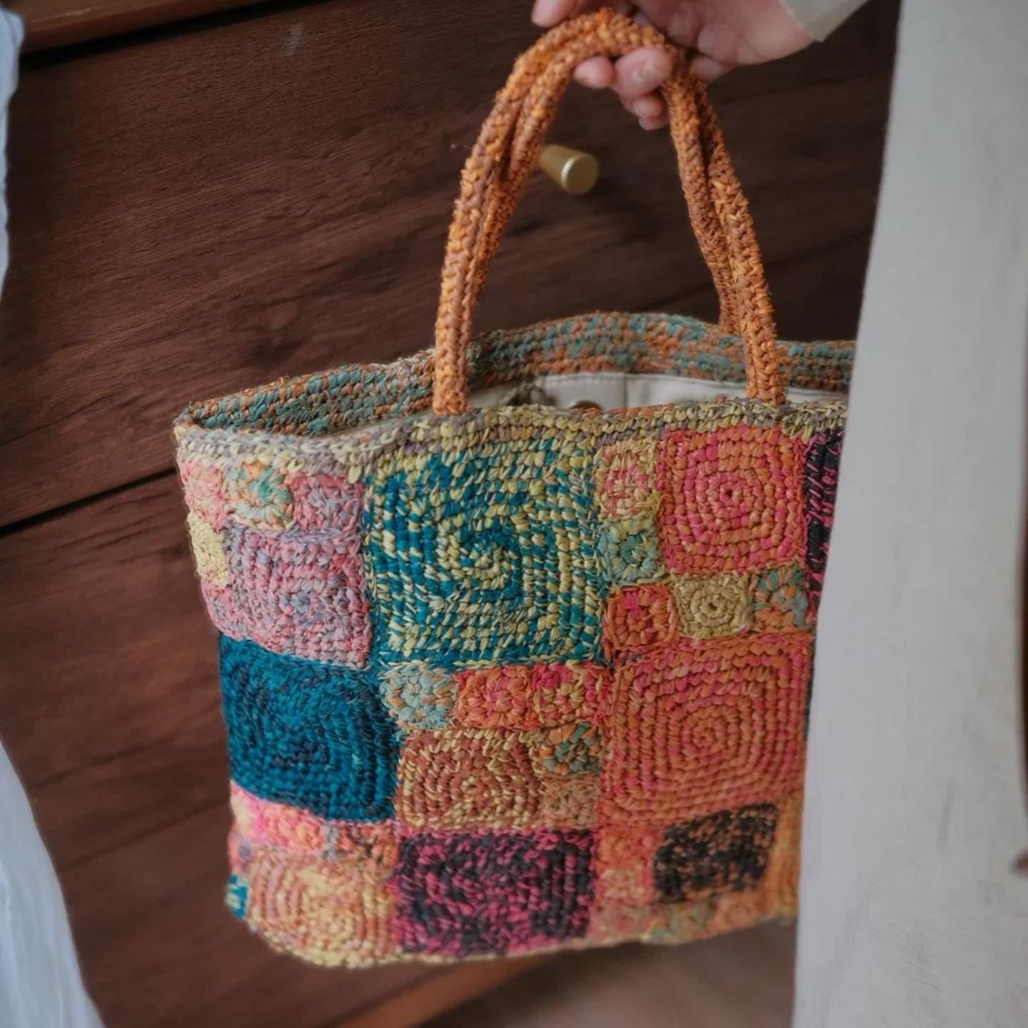 Artisan Raffia Patchwork Tote, Handcrafted Crochet Beach Bag, Sturdy Woven Purse with Cotton Lining, Unique Gift for Her, Gift for her