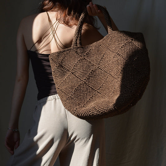Crochet Raffia Tote Bag for Summer, Brown Lightweight Beach Shoulder Bag, Straw Shoulder Bag, Handcrafted Stylish Tote Bag, Handmade Gifts