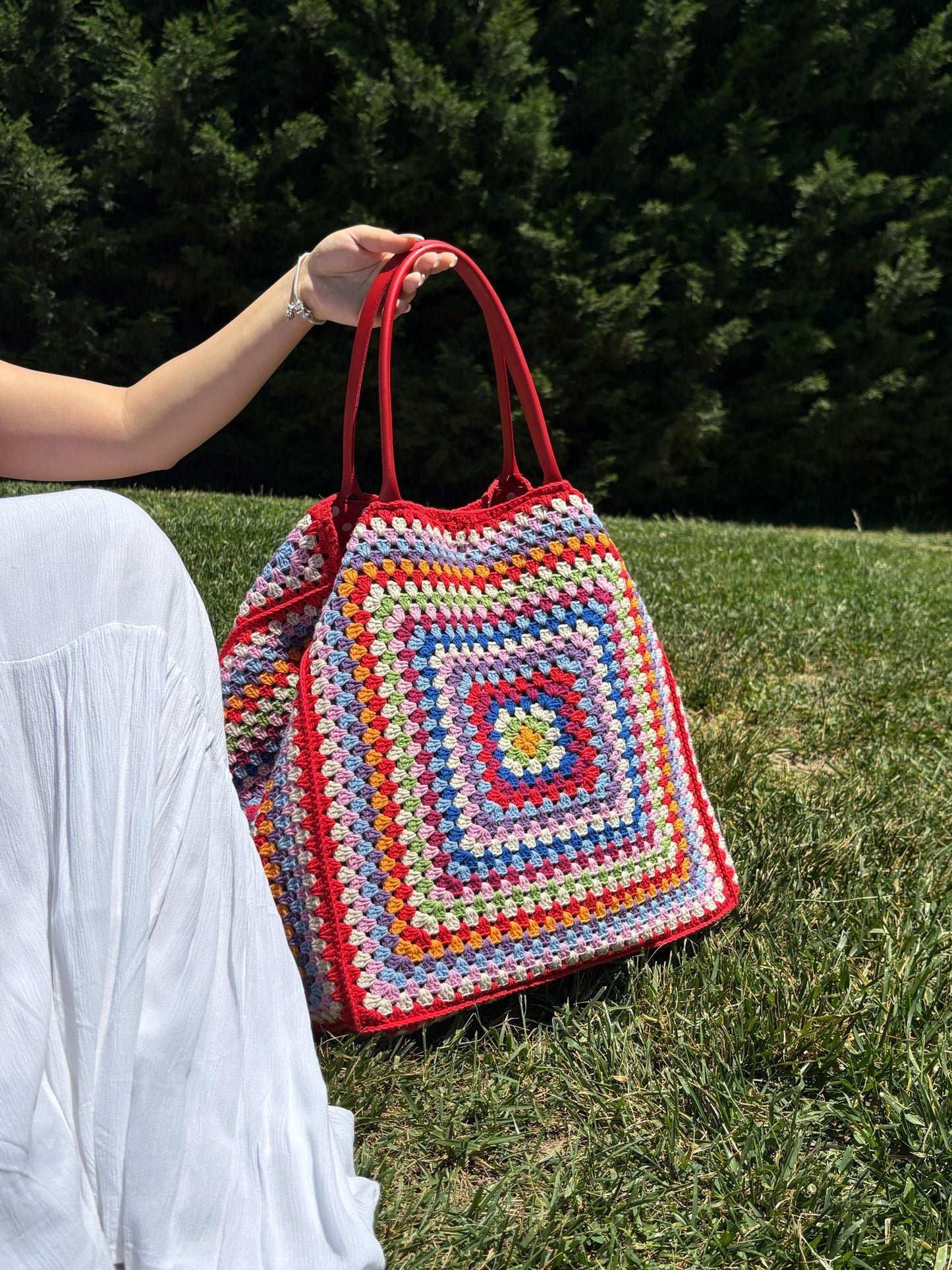 XXL Crochet Granny Square Tote: Leather Handles, Boho Weekender, Spring Style Bag