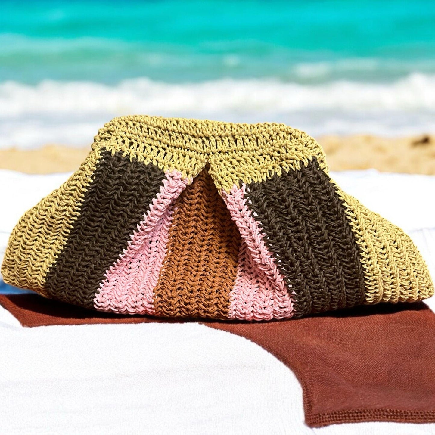 Striped Raffia Crochet Bag: Handmade Paper Rope Handbag