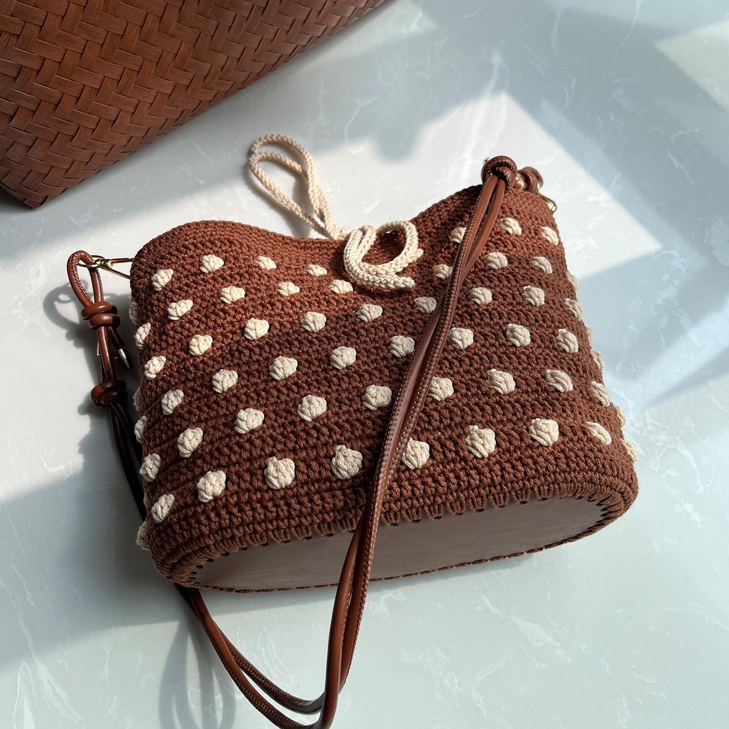 Cocoa Dot Crochet Bag, Handmade Shoulder Bag, Handbag Gift for Her