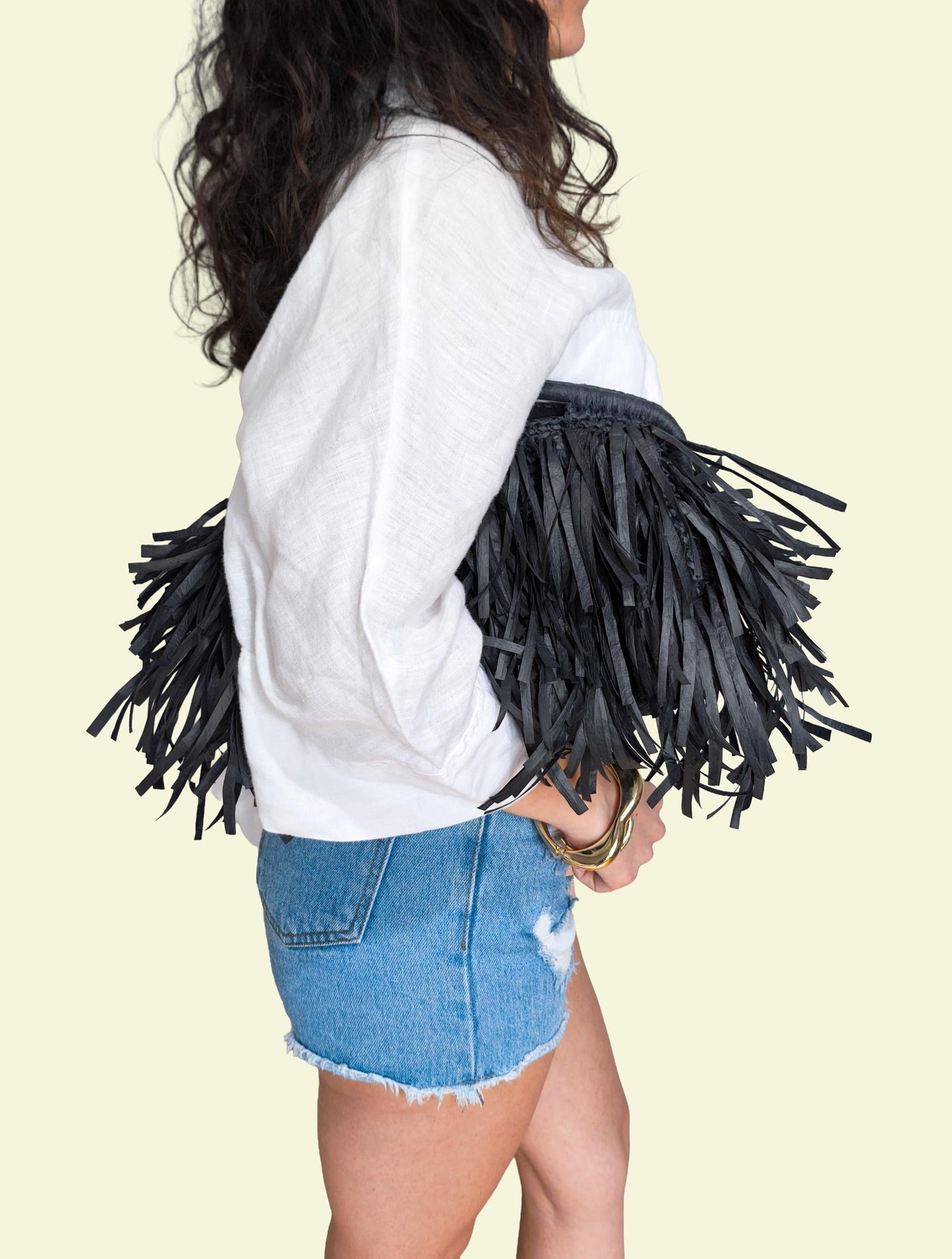 Black Raffia Fringe Clutch, Boho Top Handle Purse, Handmade Woven Handbag, Personalized Color Summer Bag, Statement Wedding Accessory