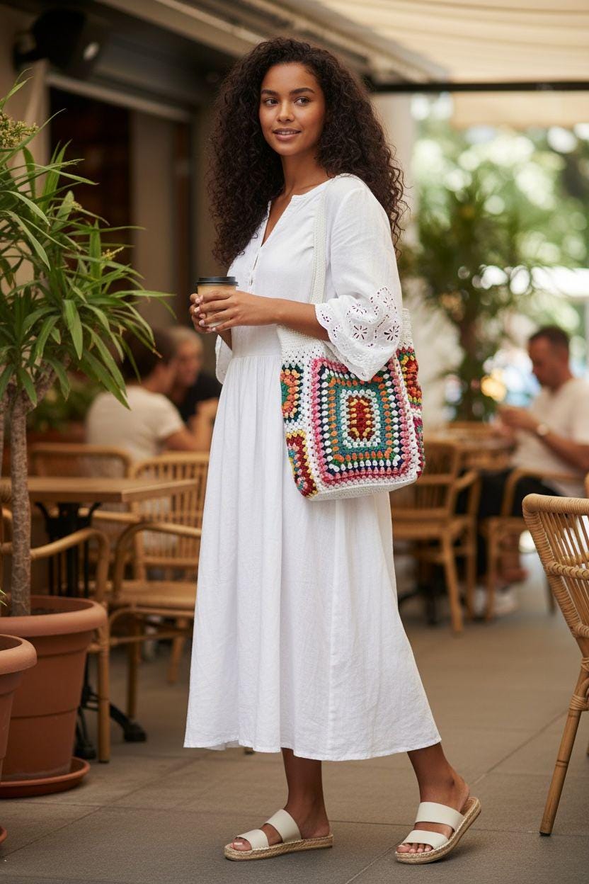 Crochet Granny Square Tote Bag: Colorful Boho Beach Bag