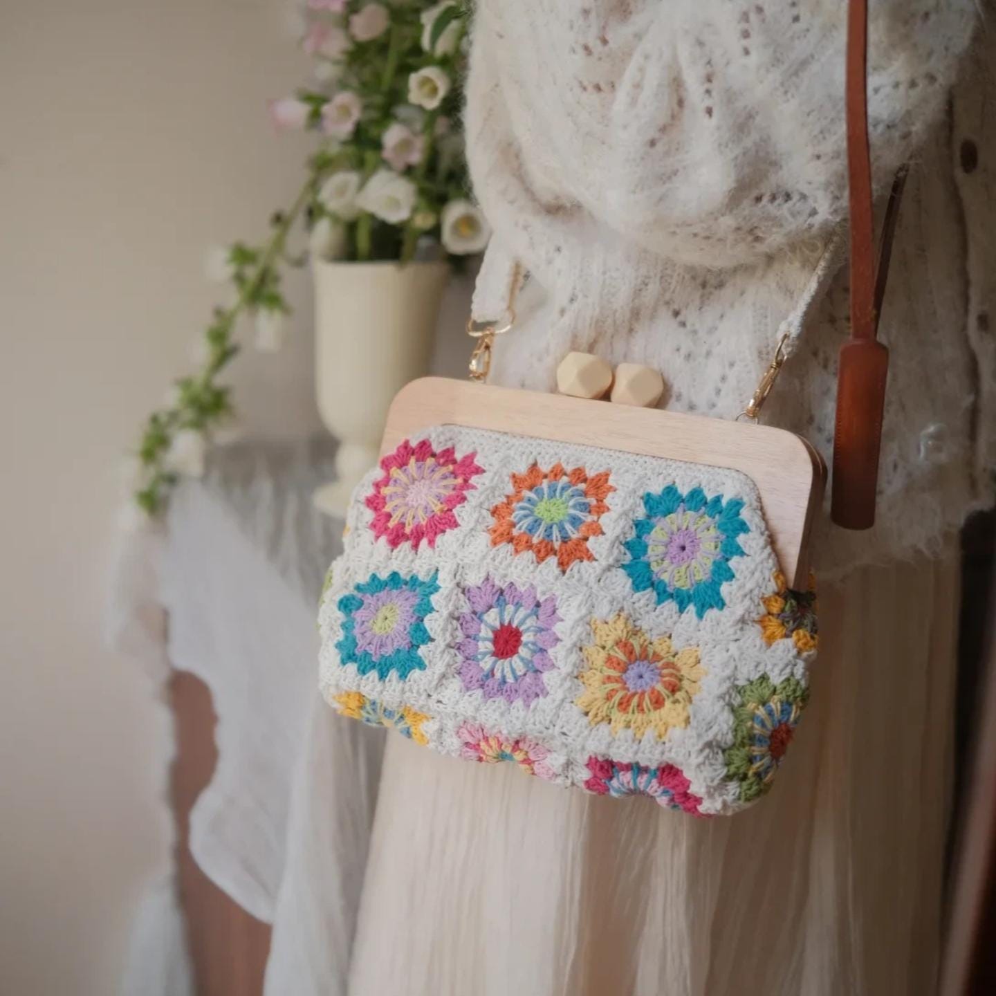 Handmade Cotton Crochet Bag, Granny Square Floral Tote, Woven Knit Shoulder Bag, Unique Designer Purse, Eco Friendly Handcrafted Bag