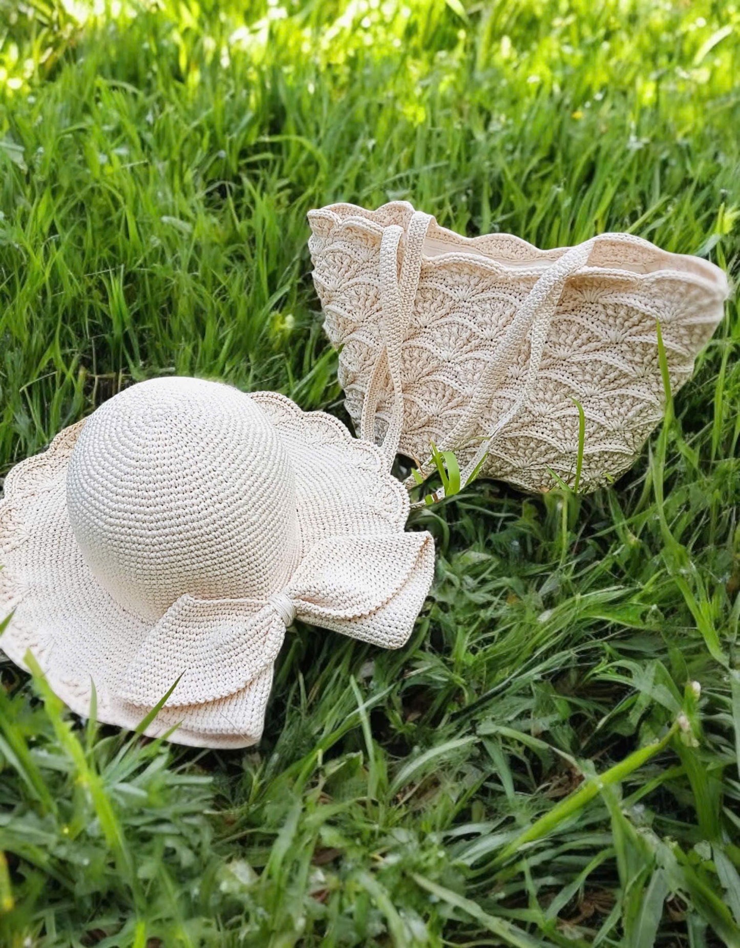 Crochet Summer Hat and Bag Set, Handmade Fan Petal Design, seashell design crochet bag, mother's day gift, easter gift, matching outfit
