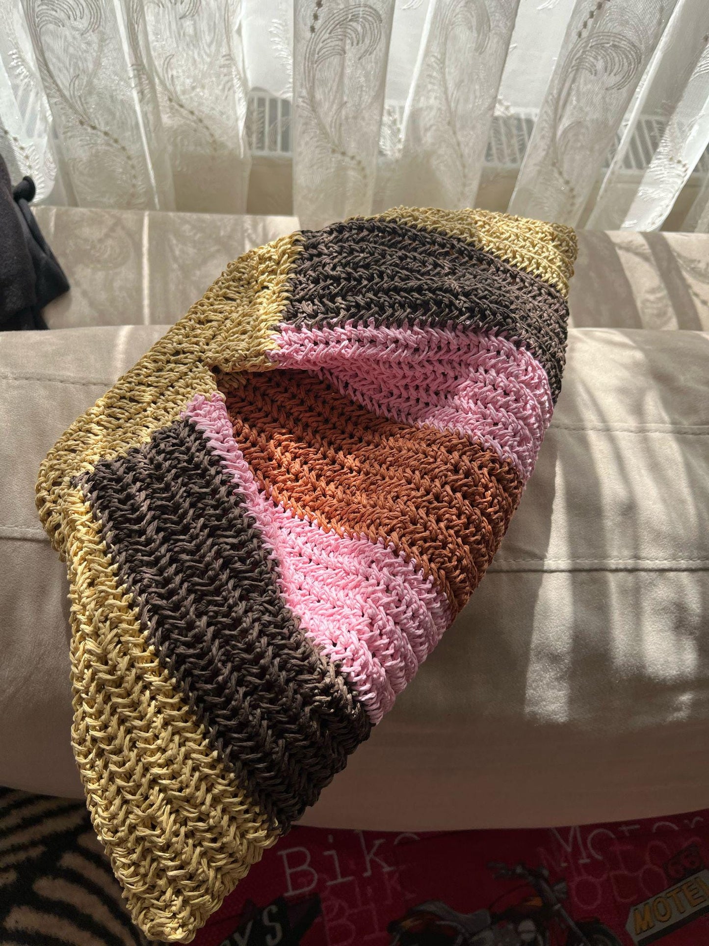 Striped Raffia Crochet Bag: Handmade Paper Rope Handbag