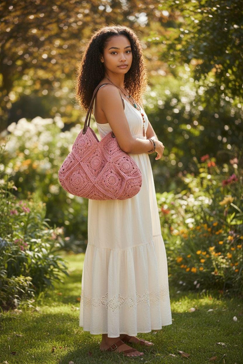 Pink Crochet Tote Bag â€?Handmade Granny Square Shoulder Bag, Boho Floral Purse, Vintage Style