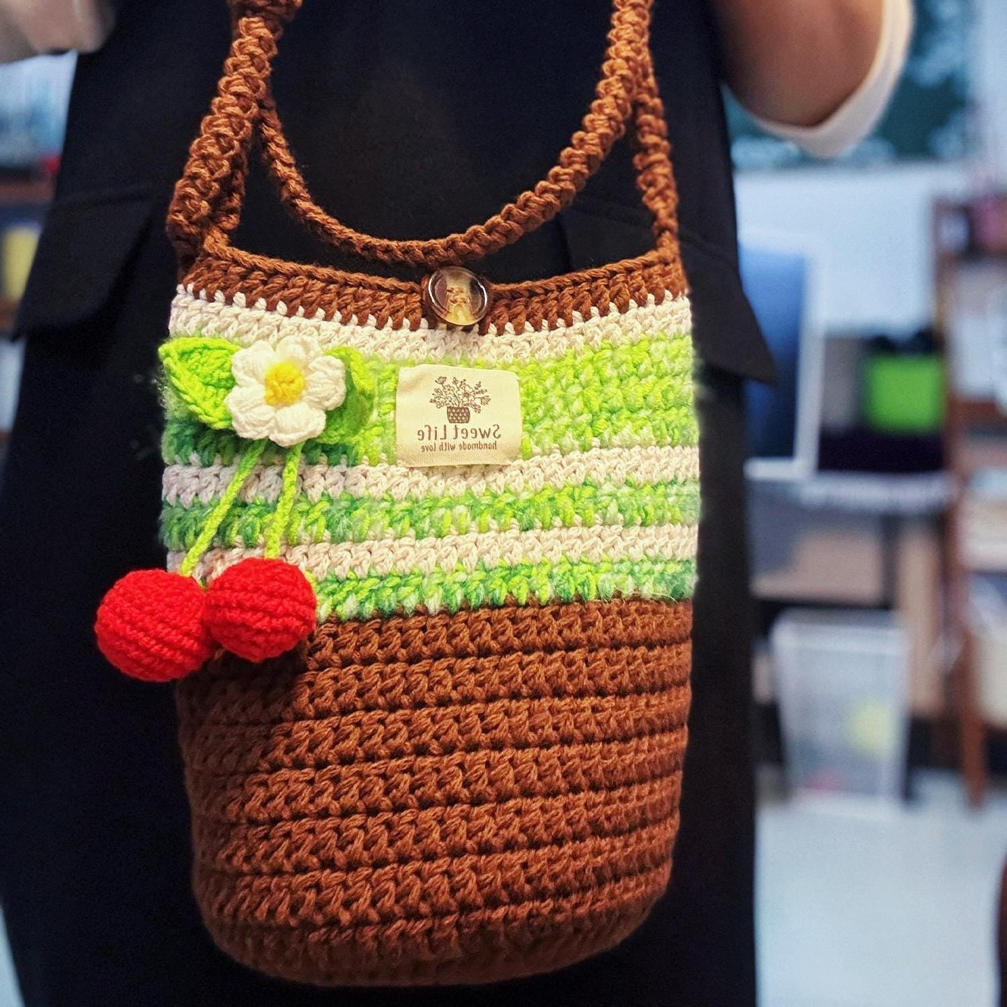 Handmade Crochet Tote Bag, Woodland Cherry Shoulder Bag, Handbag Gift for Her