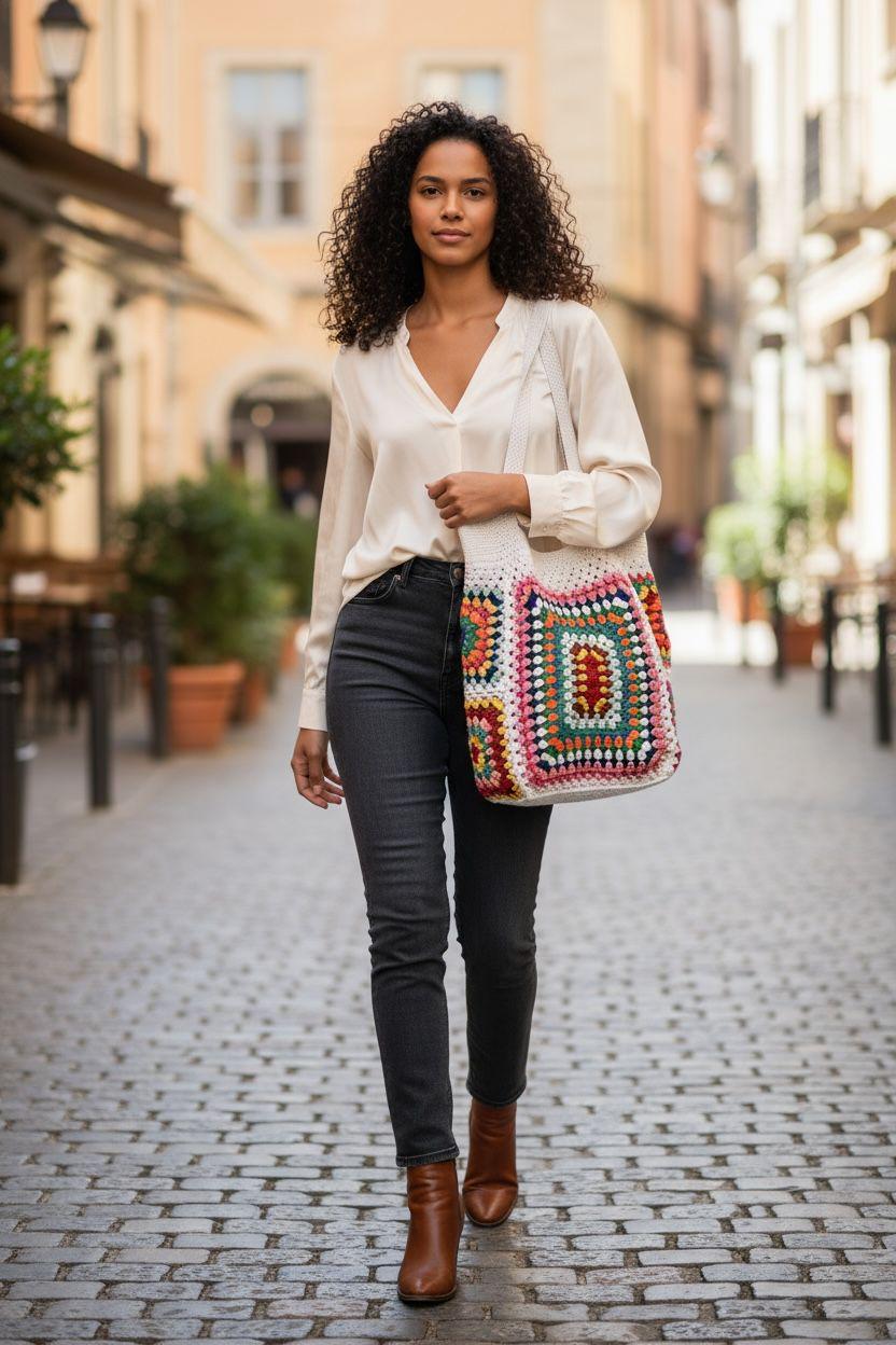 Crochet Granny Square Tote Bag: Colorful Boho Beach Bag