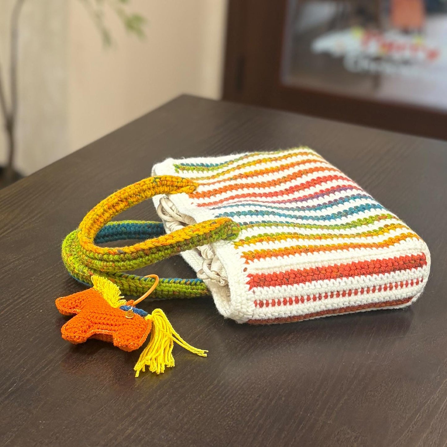 Handmade Crochet Tote Bag, Colorful Striped Cotton Bag, Handbag Gift for Her