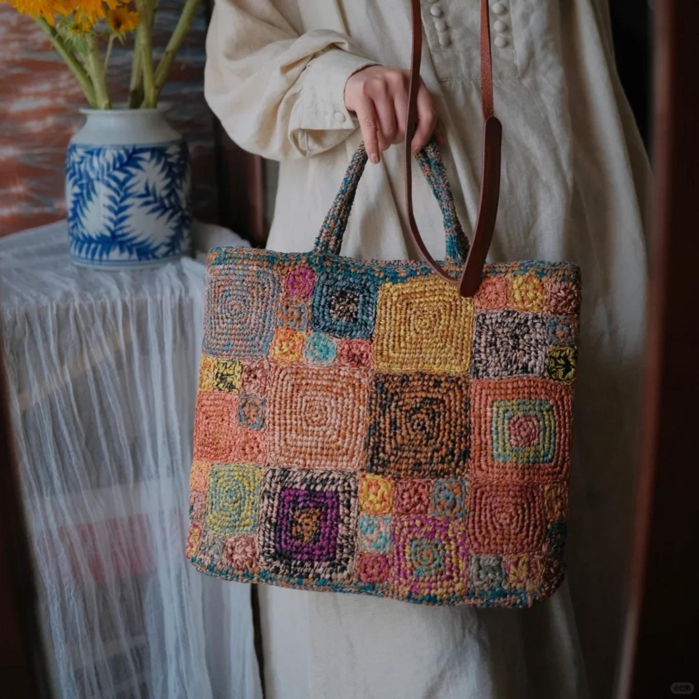 Handmade Boho Chic Raffia Handbag, Colorful Crochet Tote Bag, Woven Beach Bag with Magnetic Snap, Perfect for Vacation, Gift for Her