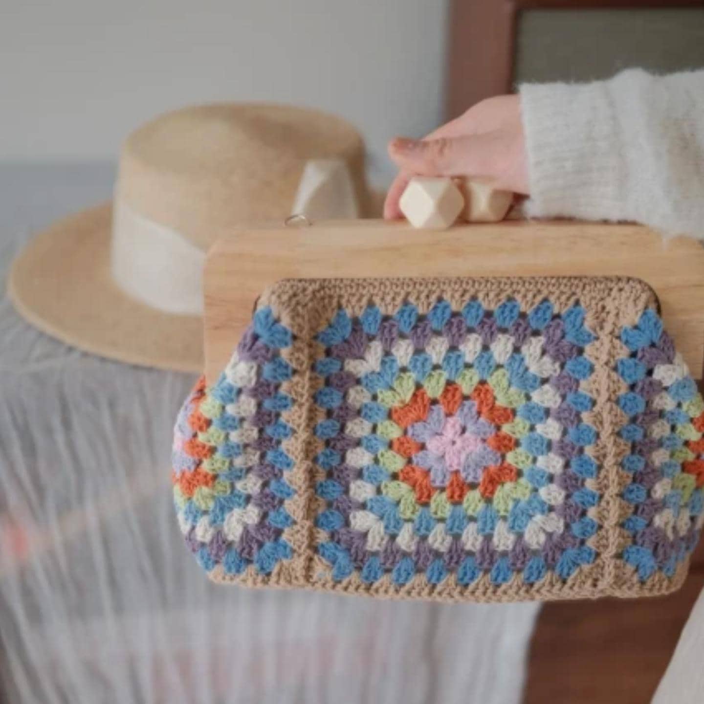 One of a Kind Crochet Granny Square Bag, Heavy Duty Handmade Wooden Frame Clutch, Gift for mom, Gift for her, Brithday gift