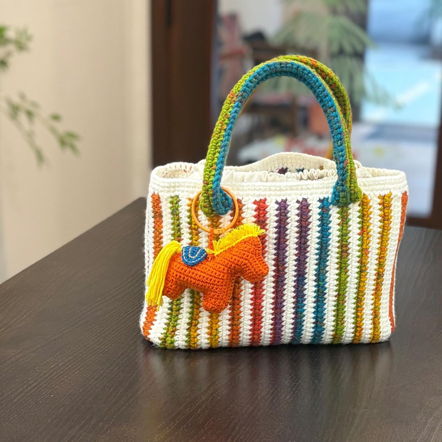 Handmade Crochet Tote Bag, Colorful Striped Cotton Bag, Handbag Gift for Her