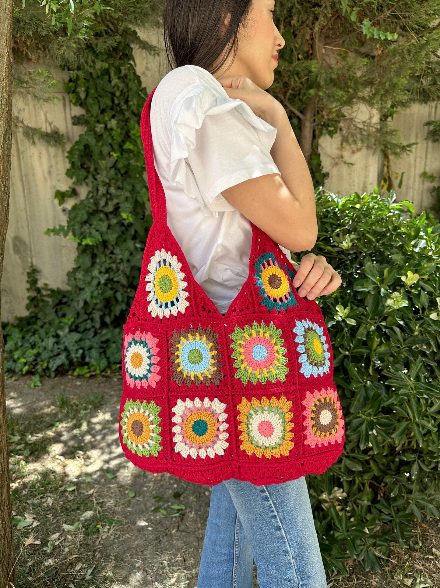Crochet Granny Square Tote Bag: Red Boho Shoulder Bag, Handmade Hobo Bag
