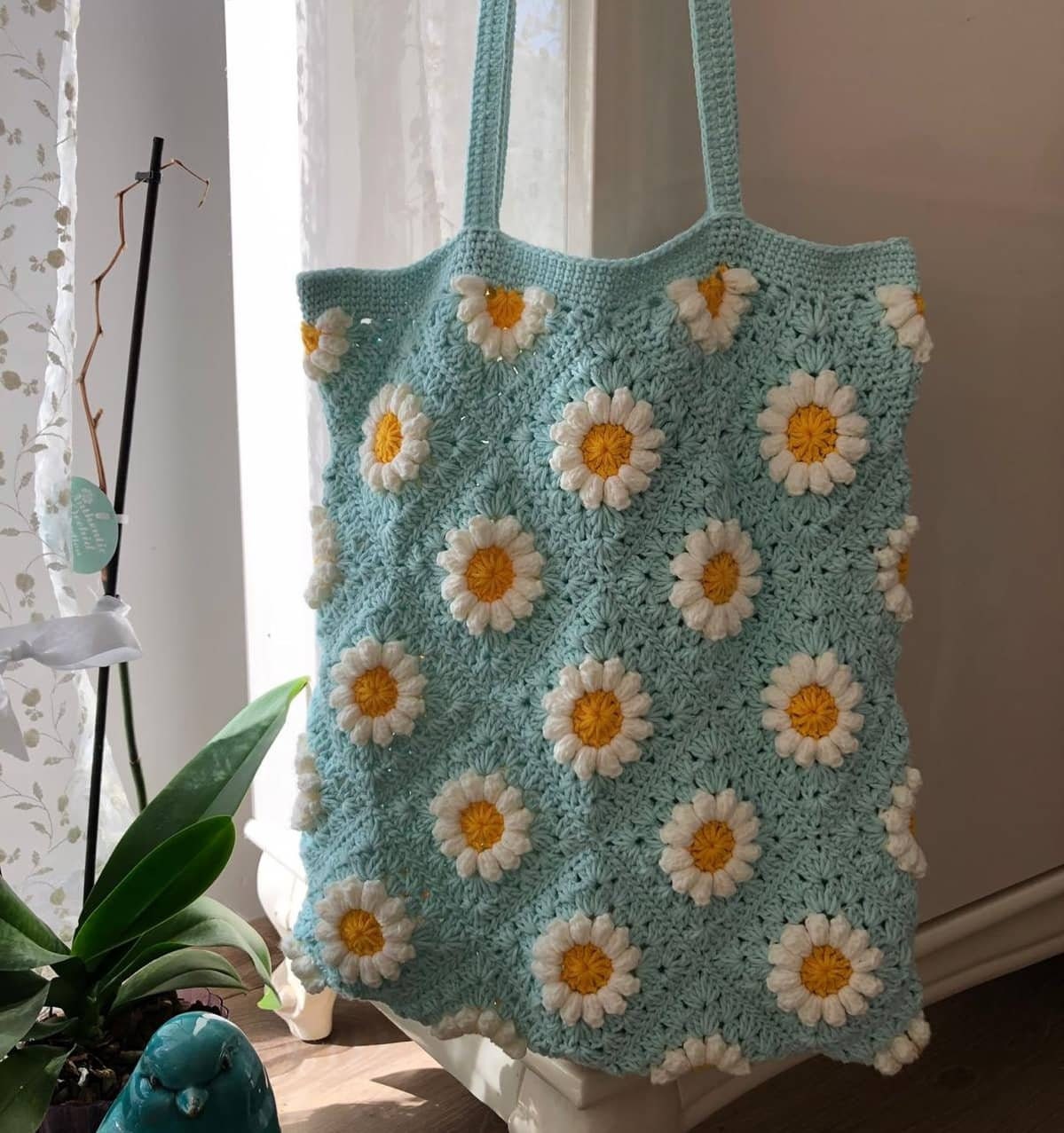 Blue Crochet Granny Square Bag: Handmade Cotton Summer Tote, Personalized Beach Bag