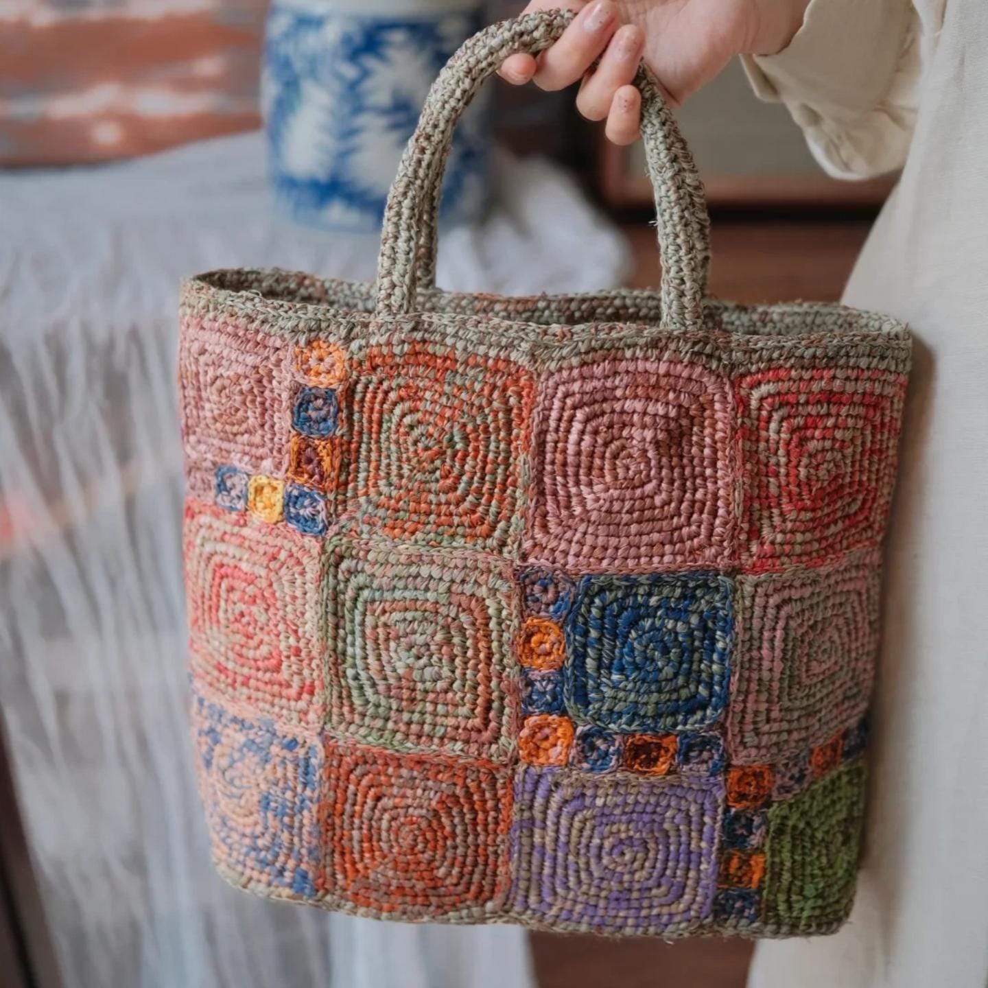Artisan Raffia Patchwork Tote, Handcrafted Crochet Beach Bag, Sturdy Woven Purse with Cotton Lining, Unique Gift for Her, Gift for her