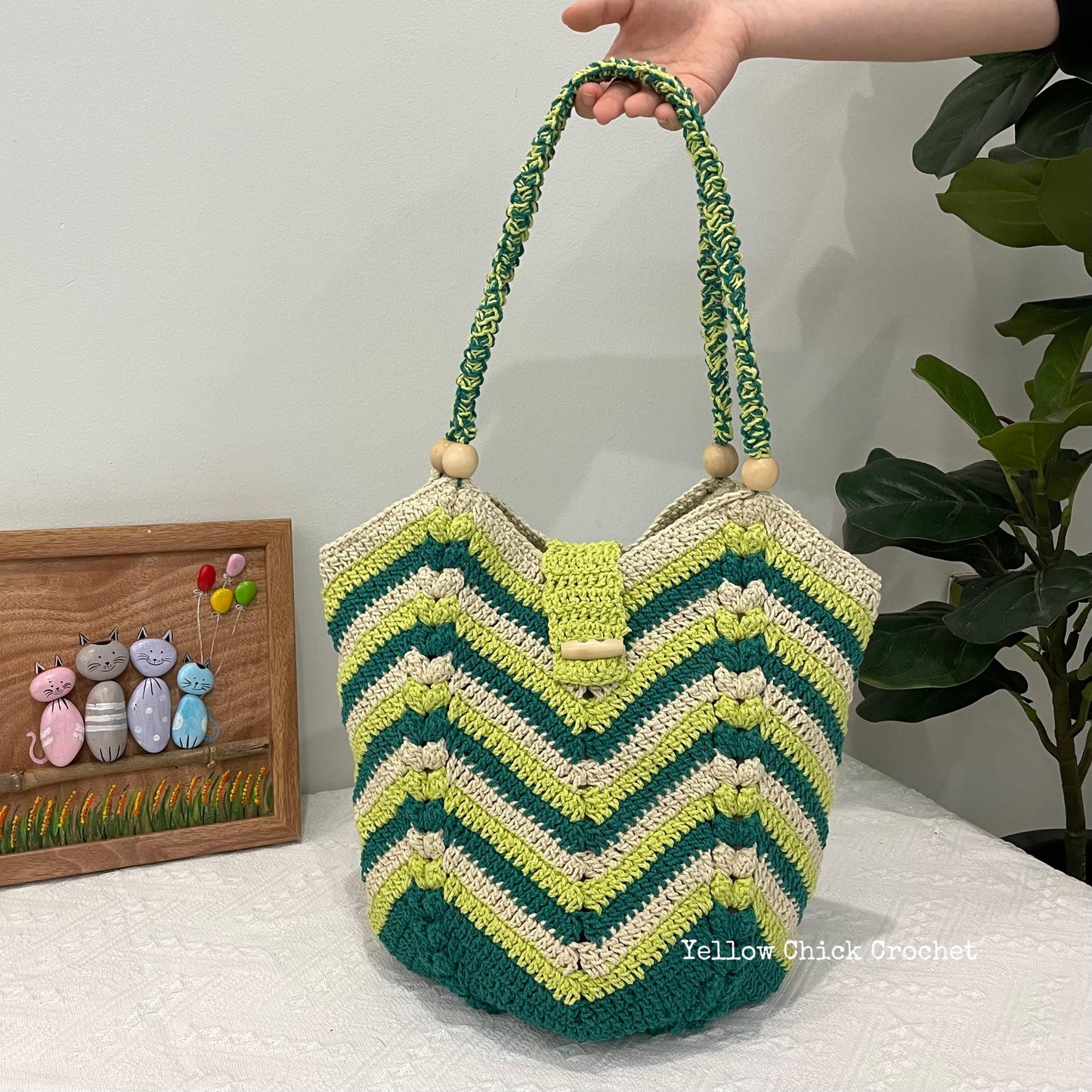 Handmade Crochet Tote Bag, Green Chevron Beach Shoulder Bag, Supermarket Tote Bag, Travel Bag, Mother's Day Gift, Easter Gift
