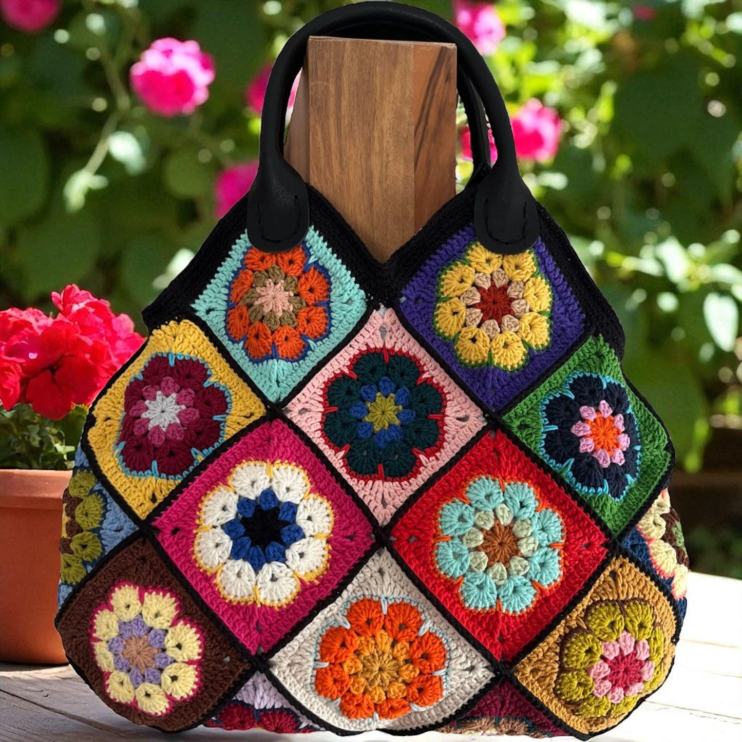 Colorful Granny Square Crochet Tote Bag â€?Handmade Boho Market Bag â€?Retro Patchwork Purse