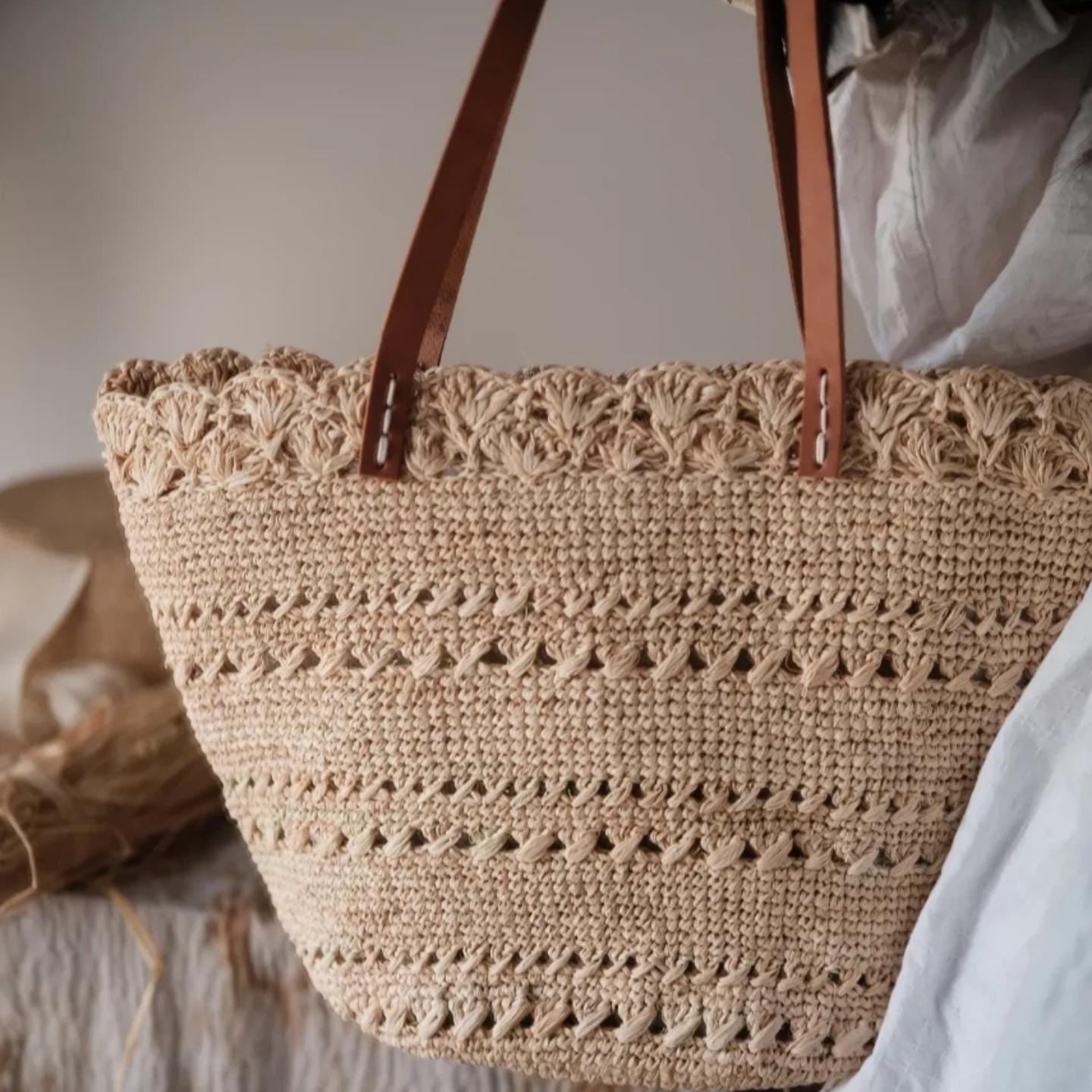Handmade Raffia Tote Bag with Leather Lily of the Valley Charm Set, Crochet Beach Bag with Lining, Boho Purse Gift for Her