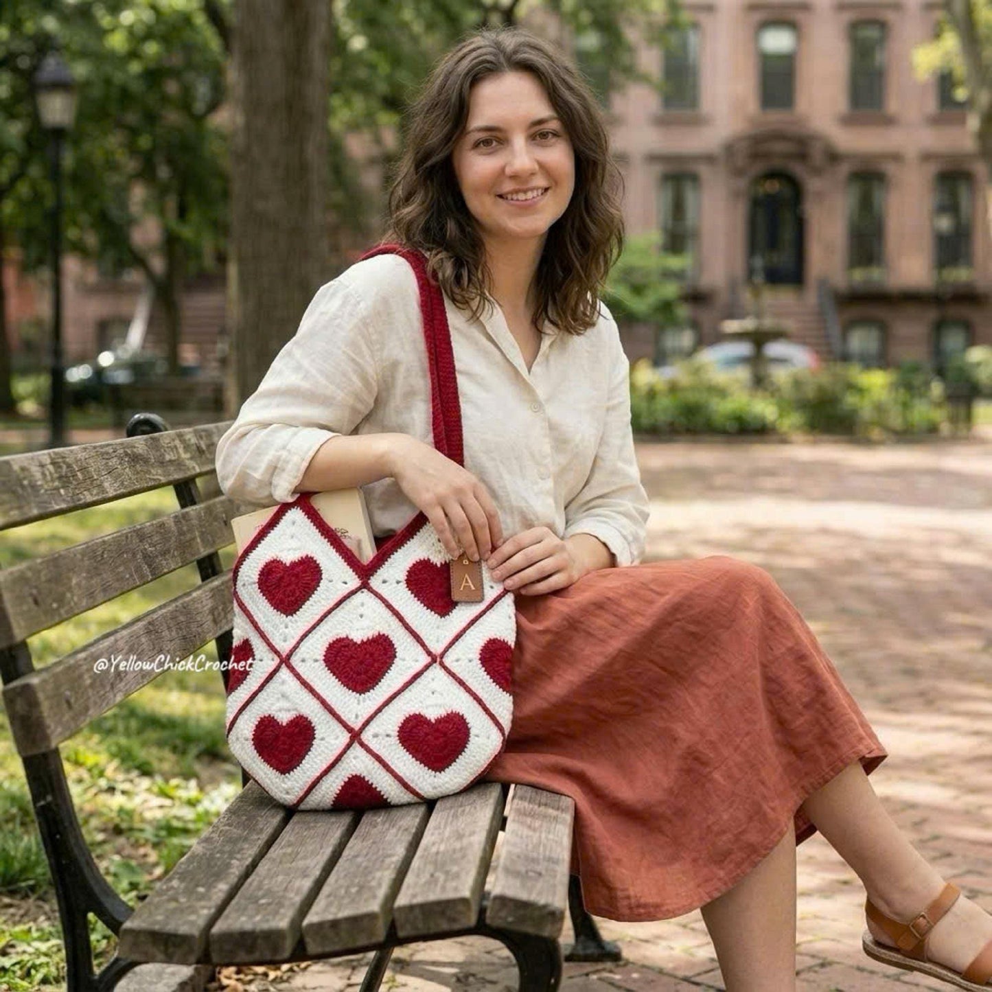 Handmade Heart Crochet Tote Bag,Granny Square Shoulder Bag with Lining,Romantic Coquette Aesthetic Purse,Red Heart Knitting Bag,Gift for Her