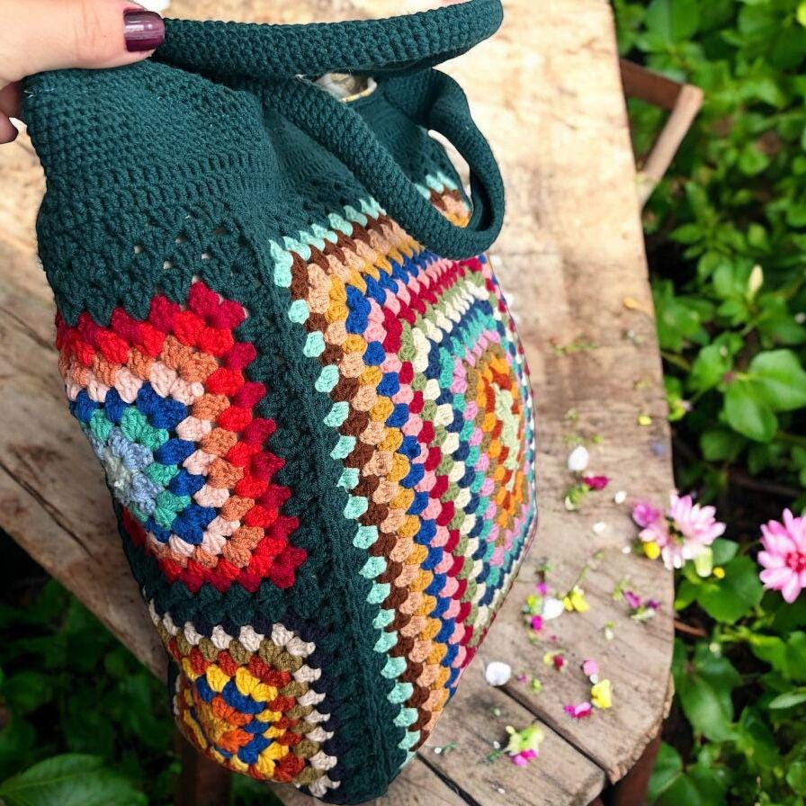 Crochet Granny Square Tote Bag: Colorful Boho Beach Bag