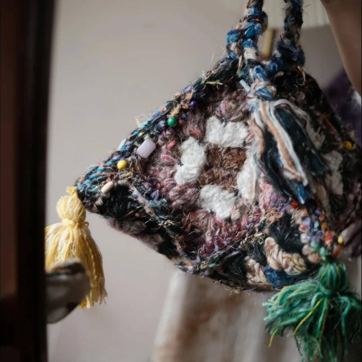 One-of-a-Kind Bag, Unique Crochet Shoulder Bag, Hand-Spun Yarn Granny Square Pyramid Purse, Eclectic Hippie Satchel, Statement Accessory