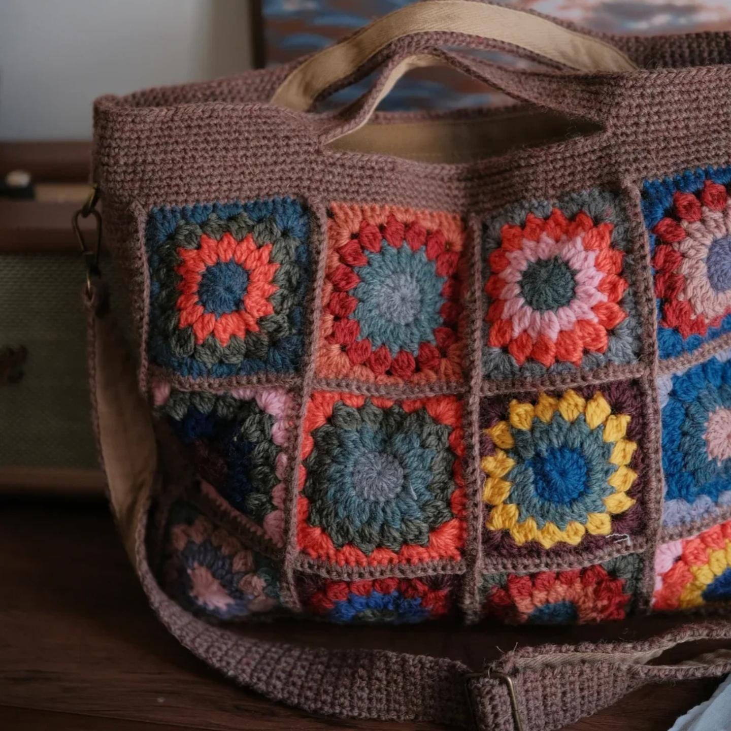 Boho Chic Crochet Bag, Handmade Wool Blend Tote, 3D Flower Granny Square Shoulder Bag, Durable YKK Zipper, Artisan Knit Purse, Gift for her