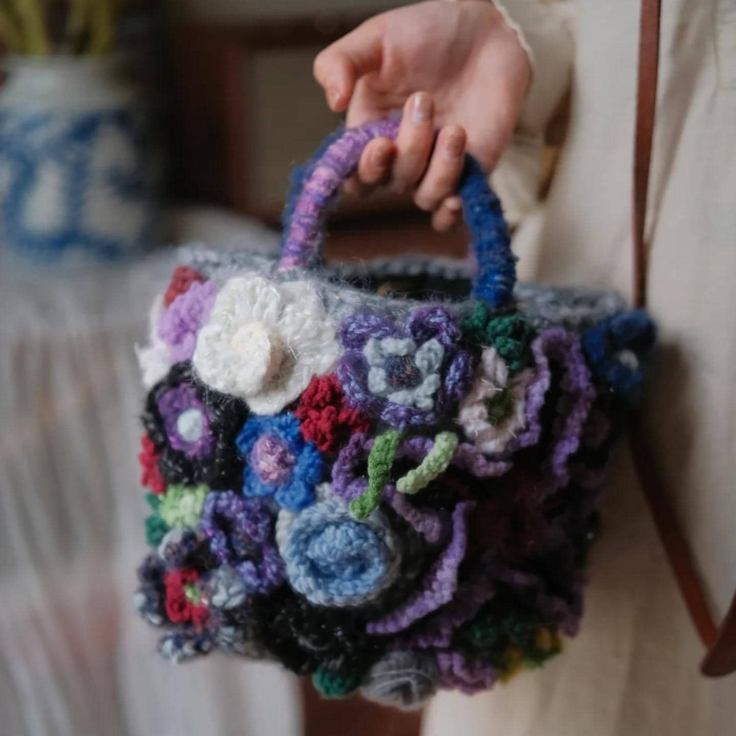 Original Crochet Flower Tote, Hand-Knitted Wool Blend Bag,Floral Applique Purse, Artistic Shoulder Bag, Gift for Her, Wedding Guest Bag