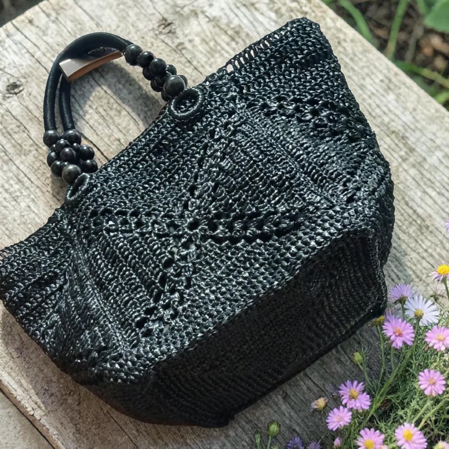 Handmade raffia tote bag, crochet large straw beach bag, summer woven handbag, black shoulder bag, big market bag for women, gift for her