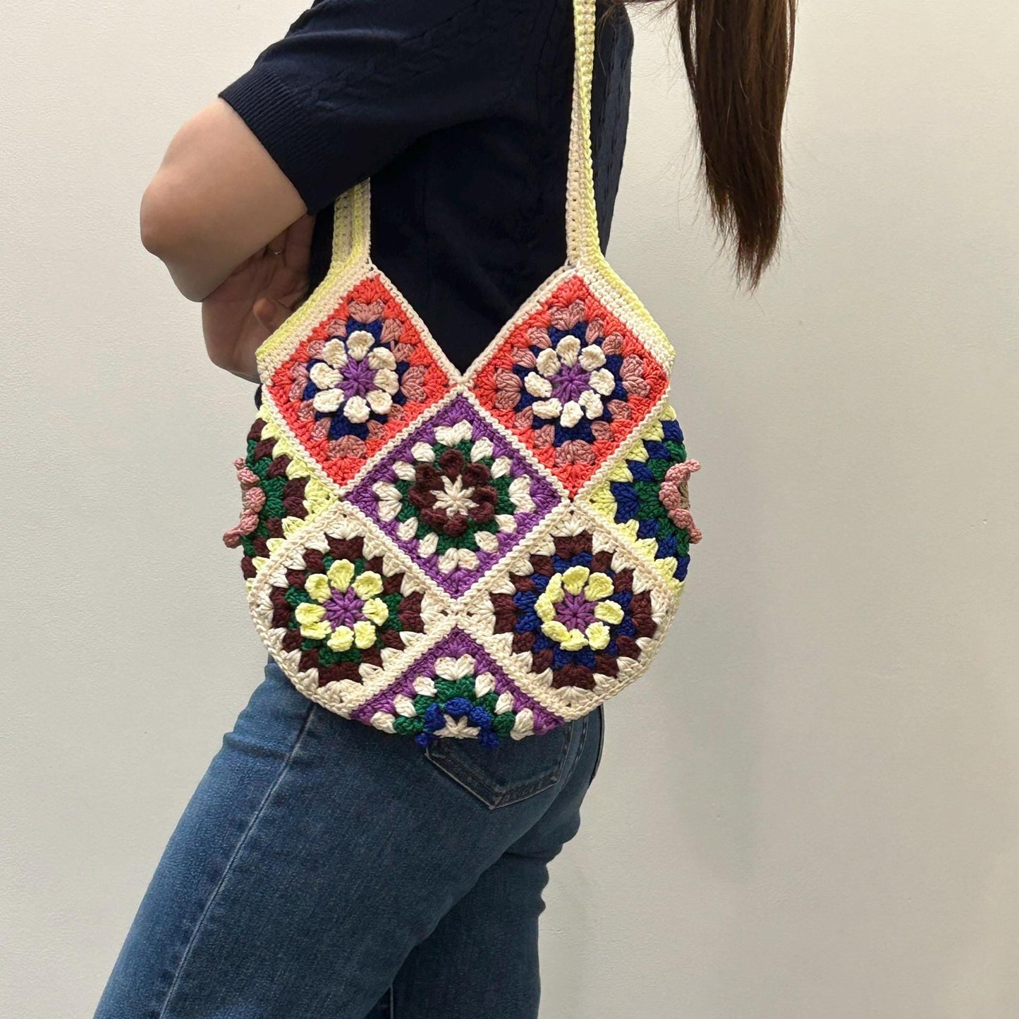 Handmade Crochet Granny Square Tote Bag: Colorful Boho Shoulder Bag