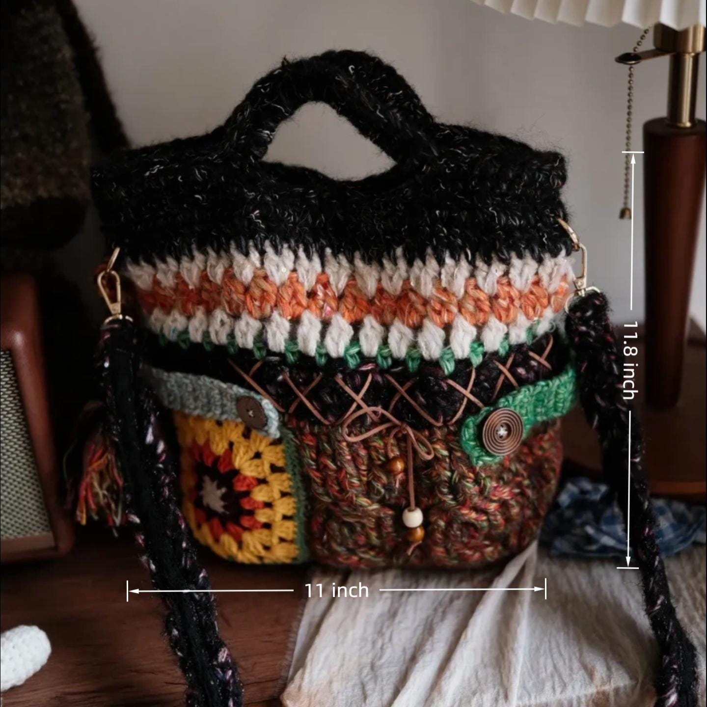 Handmade Crochet Tote Bag, "Wanderer's Soul" Mixed Yarn Bag, Lined Crochet Tote with Granny Square, Leather Button Detail, Boho Travel Purse