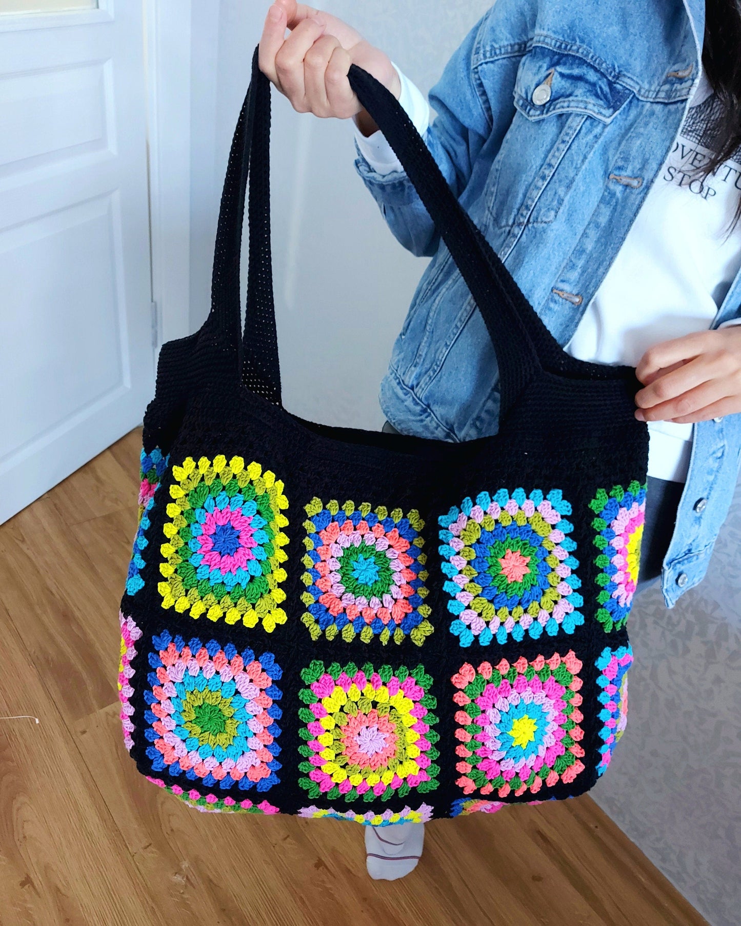 Crochet Granny Square Tote Bag: Colorful Handbags for Women, Custom Beach Bag, Spring Style