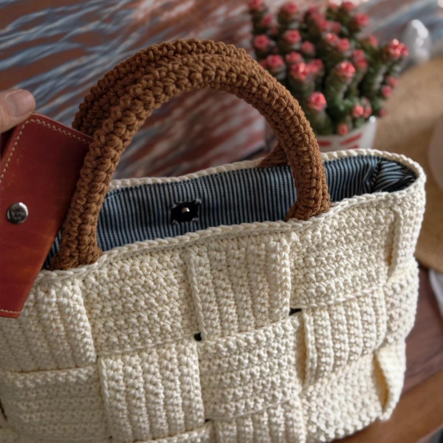Handmade Woven Crochet Tote Bag - Cream Textured Basket Weave Shoulder Bag with Heavy-Duty Structure and Striped Fabric Lining, Gift for her