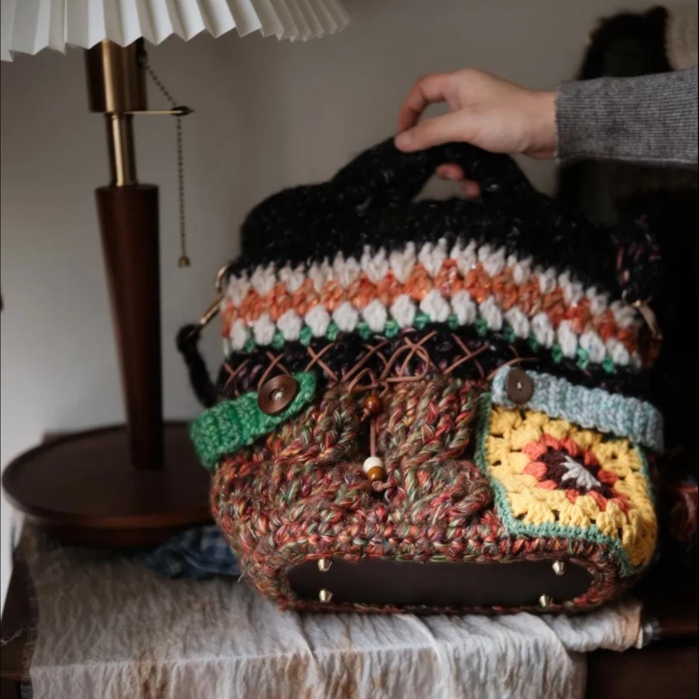 Handmade Crochet Tote Bag, "Wanderer's Soul" Mixed Yarn Bag, Lined Crochet Tote with Granny Square, Leather Button Detail, Boho Travel Purse
